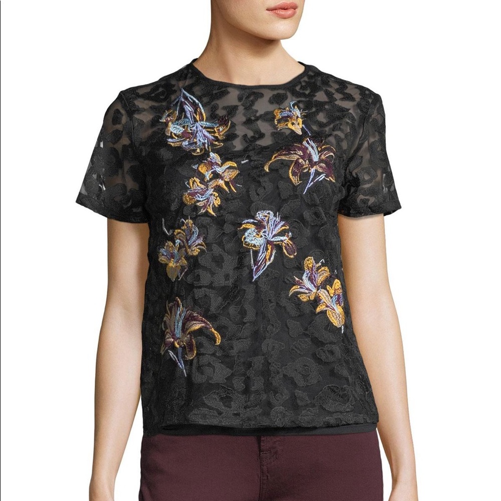 See through black lace embroidered shirt